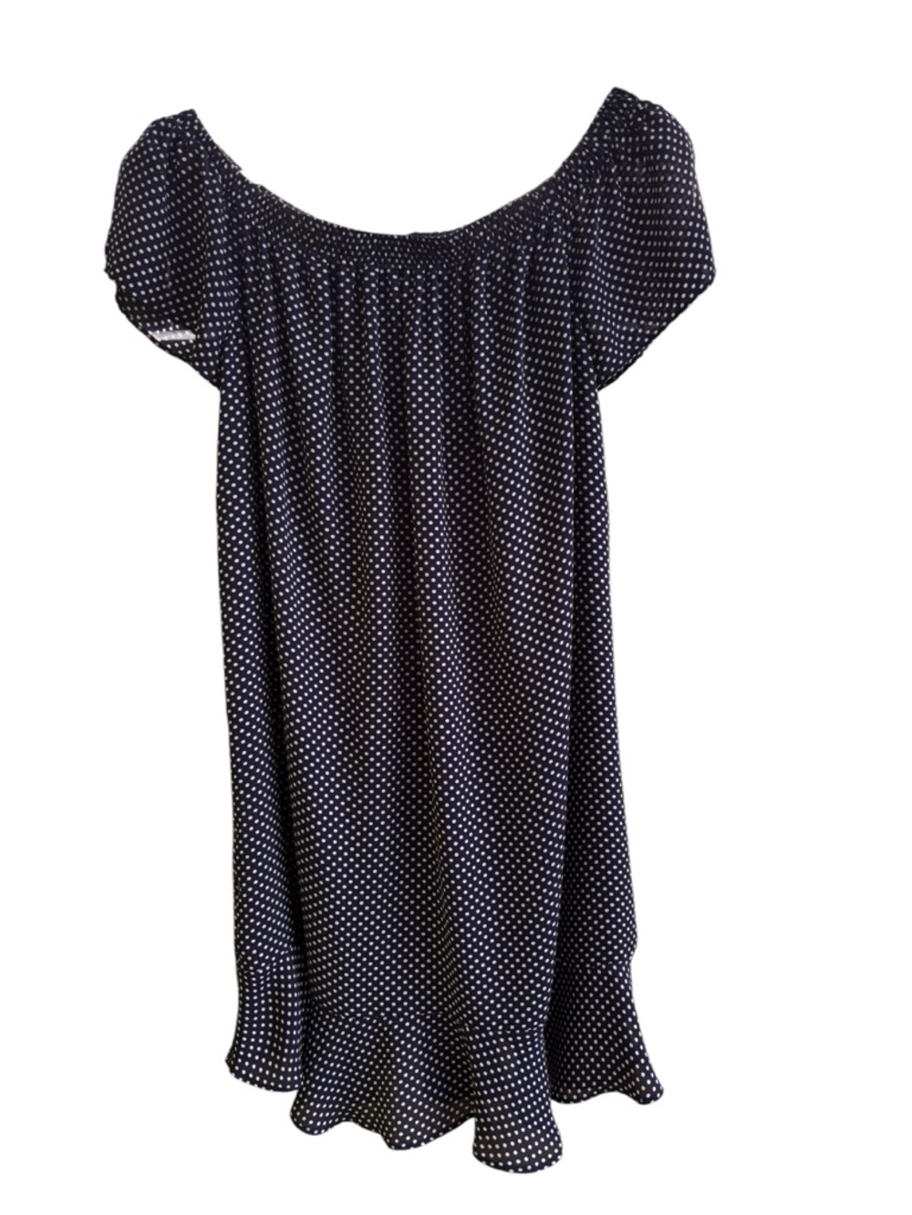 Express Navy Polka Dot Off Shoulder Mini Dress Size M Flowy Peasant Style